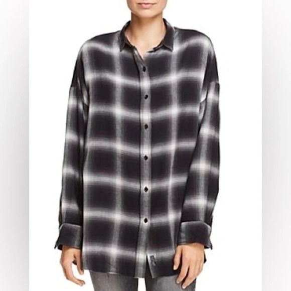 Hudson Oversized Flannel Button Down Shirt Raw Hem Distressed Plaid Black Gray - Picture 1 of 12